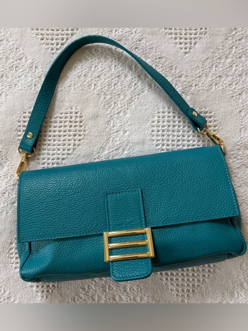 Teal Divina Firenze Italian Leather Shoulder Bag with Gold Hardware